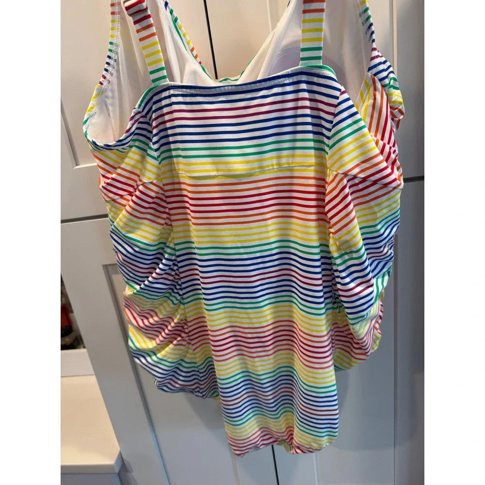 Lands End Womens Plus 22W Rainbow Stripe One Piece‎ Swimsuit Ruched White Multi
